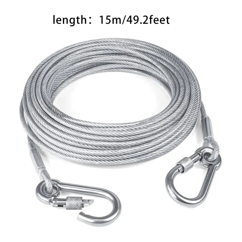 Double-Headed Dog Tie-Out Cable Leash – Heavy-Duty Outdoor Steel Wire with Metal Buckles Double-Headed Dog Tie-Out Cable Leash – Heavy-Duty Outdoor Steel Wire with Metal Buckles