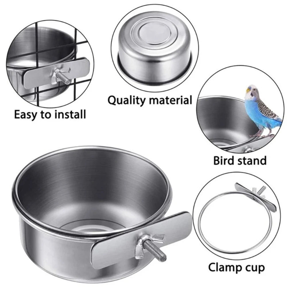 Stainless Steel Clamp-On Pet Food & Water Bowl, Hanging Cage Cup for Birds, Rabbits & Hamsters Stainless Steel Clamp-On Pet Food & Water Bowl, Hanging Cage Cup for Birds, Rabbits & Hamsters