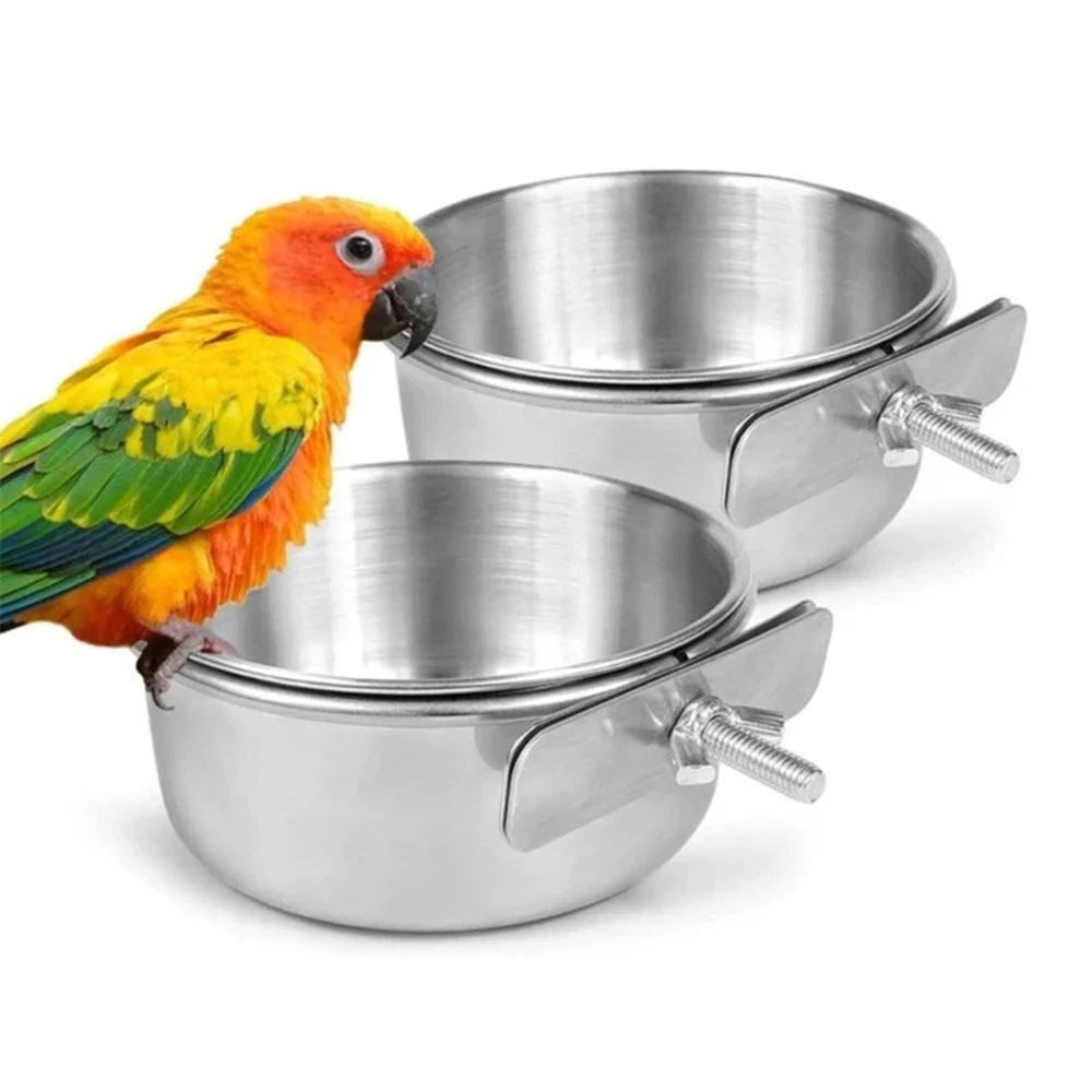 Stainless Steel Clamp-On Pet Food & Water Bowl, Hanging Cage Cup for Birds, Rabbits & Hamsters Stainless Steel Clamp-On Pet Food & Water Bowl, Hanging Cage Cup for Birds, Rabbits & Hamsters