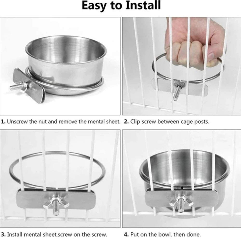 Stainless Steel Clamp-On Pet Food & Water Bowl, Hanging Cage Cup for Birds, Rabbits & Hamsters Stainless Steel Clamp-On Pet Food & Water Bowl, Hanging Cage Cup for Birds, Rabbits & Hamsters