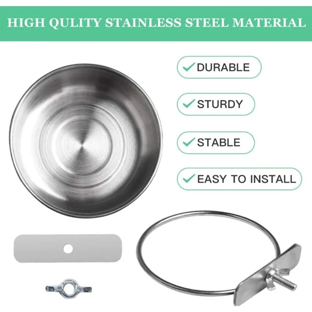Stainless Steel Clamp-On Pet Food & Water Bowl, Hanging Cage Cup for Birds, Rabbits & Hamsters Stainless Steel Clamp-On Pet Food & Water Bowl, Hanging Cage Cup for Birds, Rabbits & Hamsters