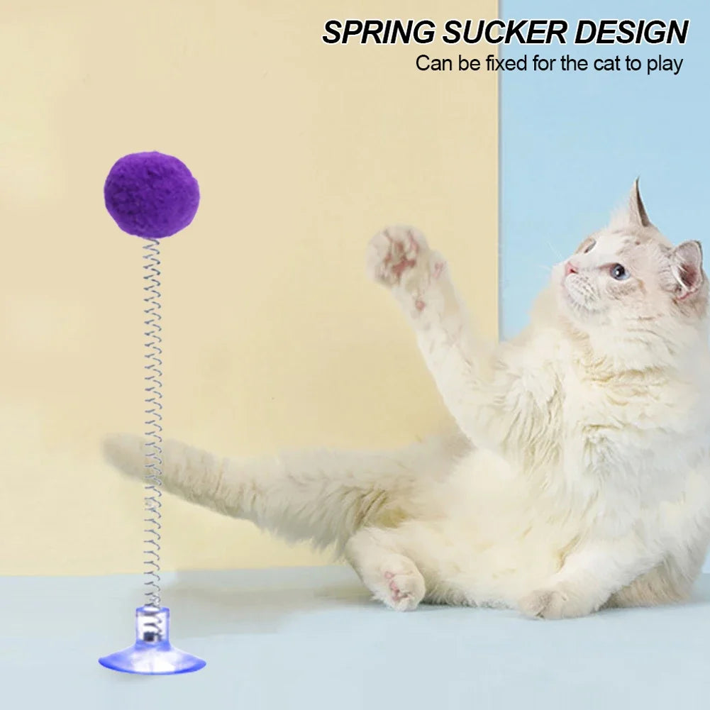 Fur Ball Spring Cat Toy with Suction Cup, Interactive Teaser Wand in Random Colors Fur Ball Spring Cat Toy with Suction Cup, Interactive Teaser Wand in Random Colors
