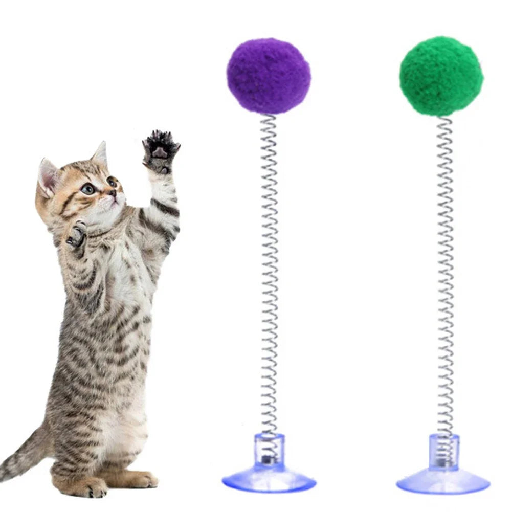 Fur Ball Spring Cat Toy with Suction Cup, Interactive Teaser Wand in Random Colors Fur Ball Spring Cat Toy with Suction Cup, Interactive Teaser Wand in Random Colors