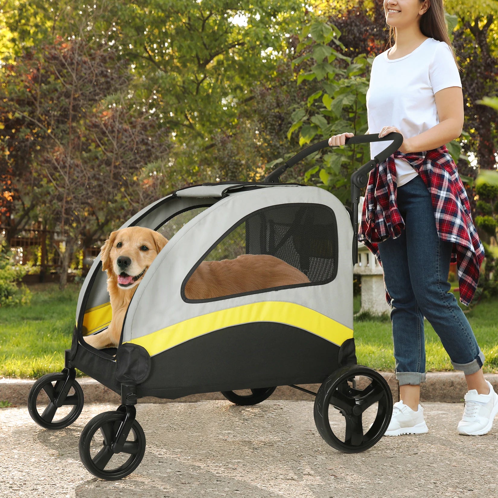 Portable 4-Wheel Dog Stroller for Large Dogs, Foldable Pet Travel Carrier for Cats & Outdoor Use Portable 4-Wheel Dog Stroller for Large Dogs, Foldable Pet Travel Carrier for Cats & Outdoor Use