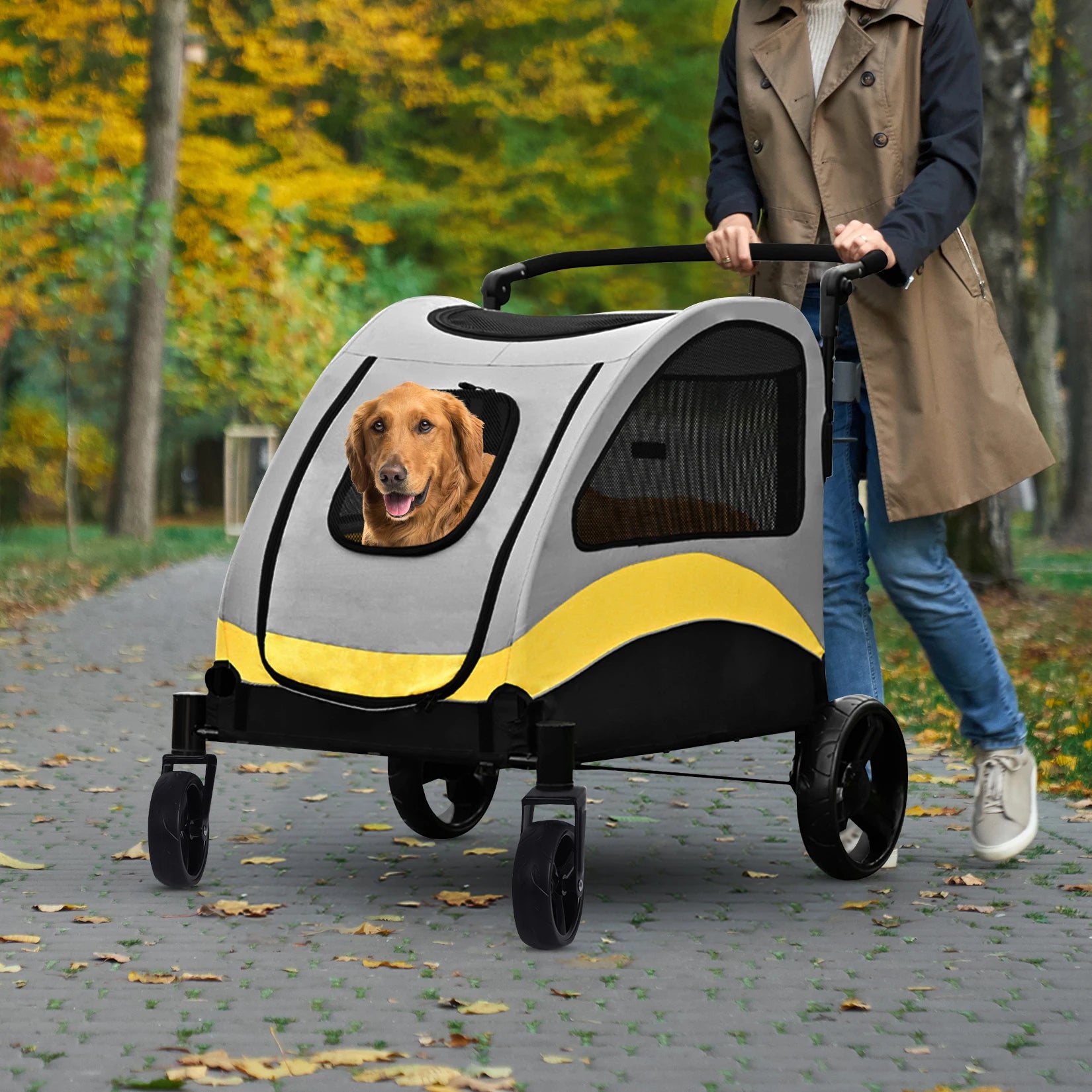 Portable 4-Wheel Dog Stroller for Large Dogs, Foldable Pet Travel Carrier for Cats & Outdoor Use Portable 4-Wheel Dog Stroller for Large Dogs, Foldable Pet Travel Carrier for Cats & Outdoor Use