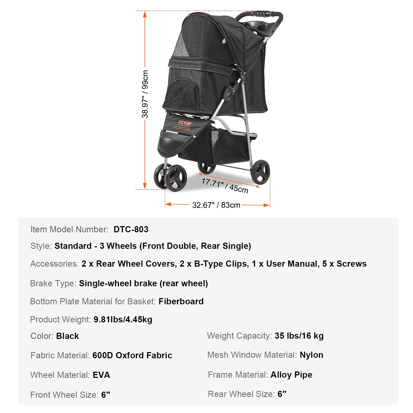VEVOR Lightweight Pet Stroller, Foldable Carrier for Dogs & Cats with Brakes and Cup Holder VEVOR Lightweight Pet Stroller, Foldable Carrier for Dogs & Cats with Brakes and Cup Holder
