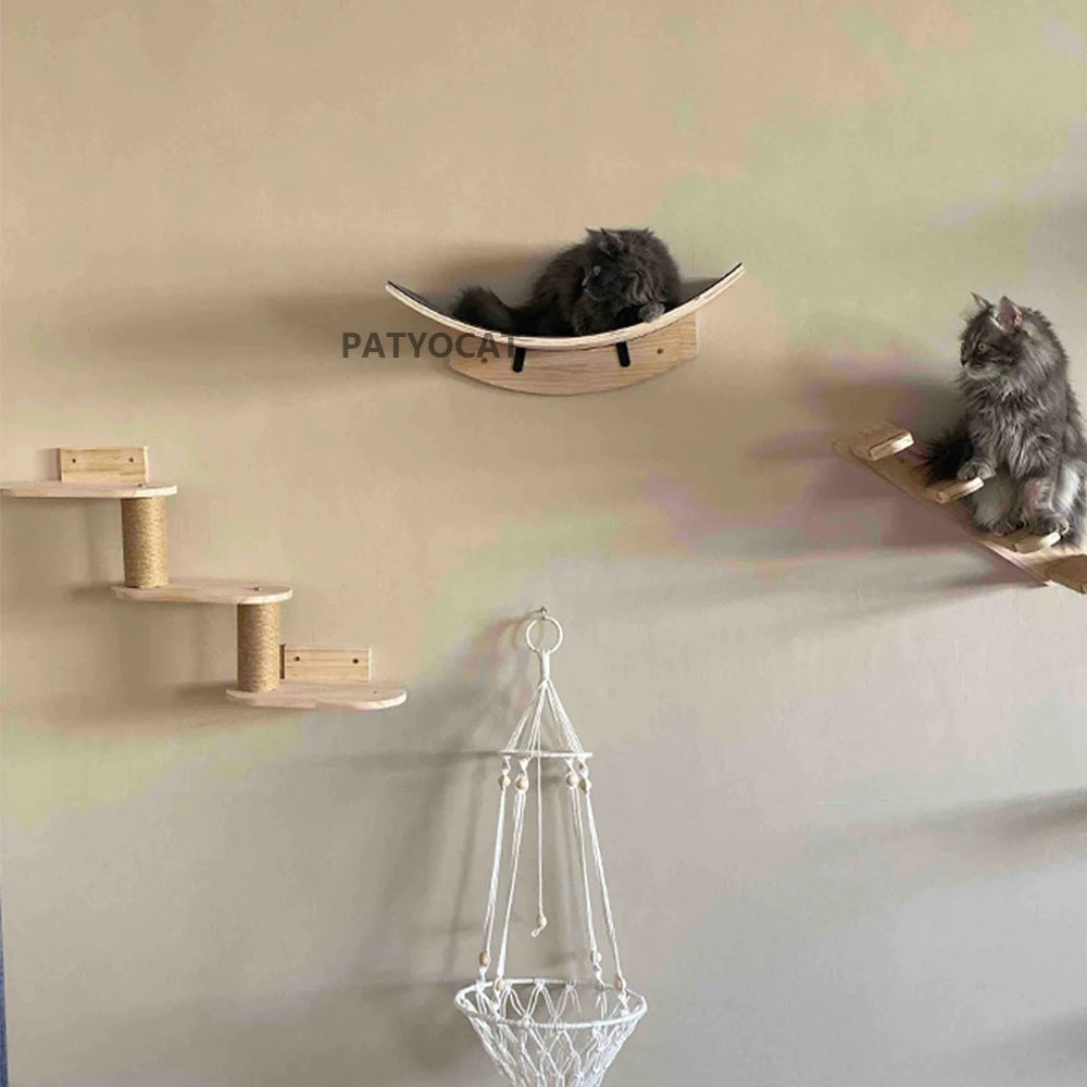 Wall-Mounted Cat Shelves Set with Hammock, Bridge, House & Scratching Post Wall-Mounted Cat Shelves Set with Hammock, Bridge, House & Scratching Post