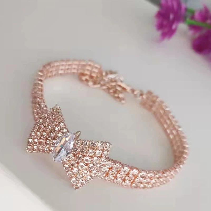 Zircon Bow Tie Pet Collar, Adjustable Rose Gold Dog & Cat Necklace with Gift Box Zircon Bow Tie Pet Collar, Adjustable Rose Gold Dog & Cat Necklace with Gift Box
