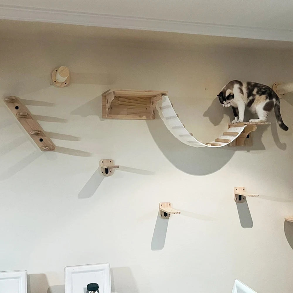 Wall-Mounted Cat Shelves Set with Hammock, Bridge, House & Scratching Post Wall-Mounted Cat Shelves Set with Hammock, Bridge, House & Scratching Post