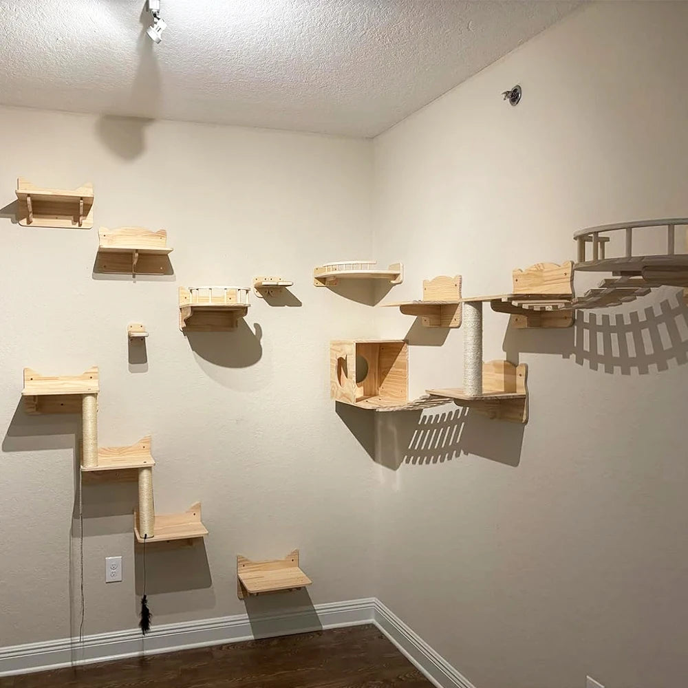 Wall-Mounted Cat Shelves Set with Hammock, Bridge, House & Scratching Post Wall-Mounted Cat Shelves Set with Hammock, Bridge, House & Scratching Post