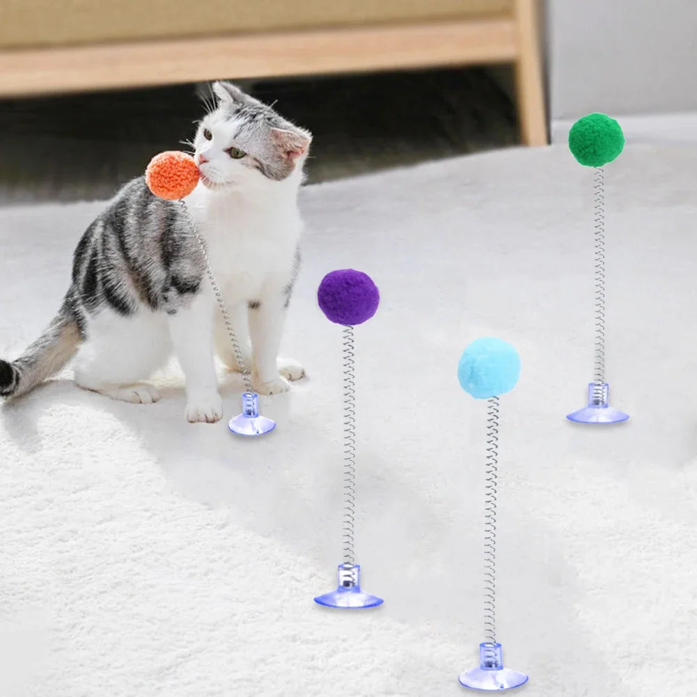 Fur Ball Spring Cat Toy with Suction Cup, Interactive Teaser Wand in Random Colors Fur Ball Spring Cat Toy with Suction Cup, Interactive Teaser Wand in Random Colors