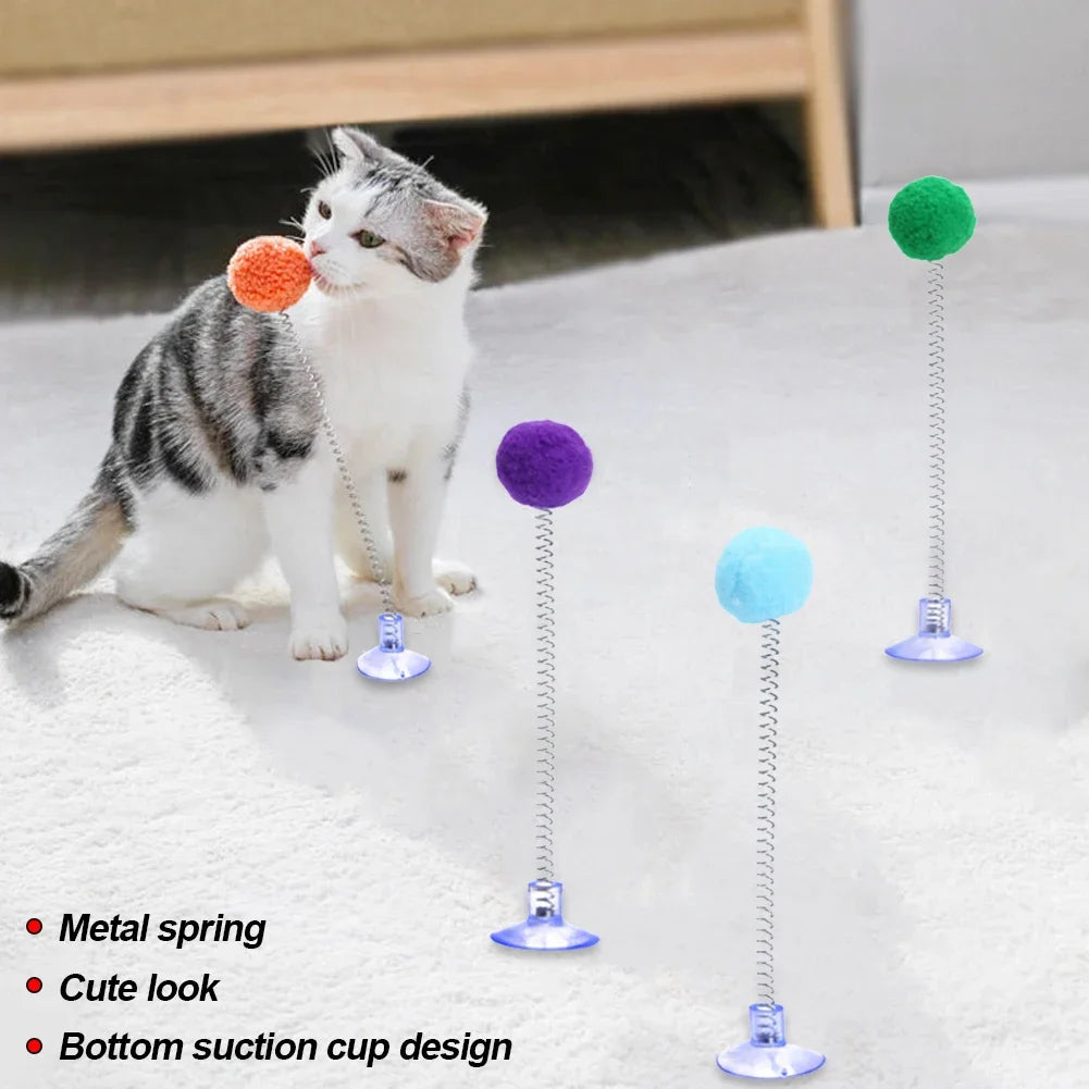 Fur Ball Spring Cat Toy with Suction Cup, Interactive Teaser Wand in Random Colors Fur Ball Spring Cat Toy with Suction Cup, Interactive Teaser Wand in Random Colors