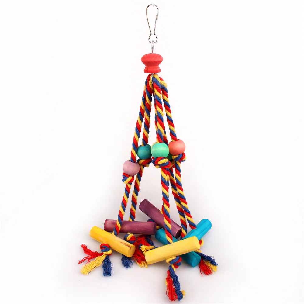 Random Color Wooden Parrot Chew Toy with Rope, Bird Cage Training Accessory Random Color Wooden Parrot Chew Toy with Rope, Bird Cage Training Accessory