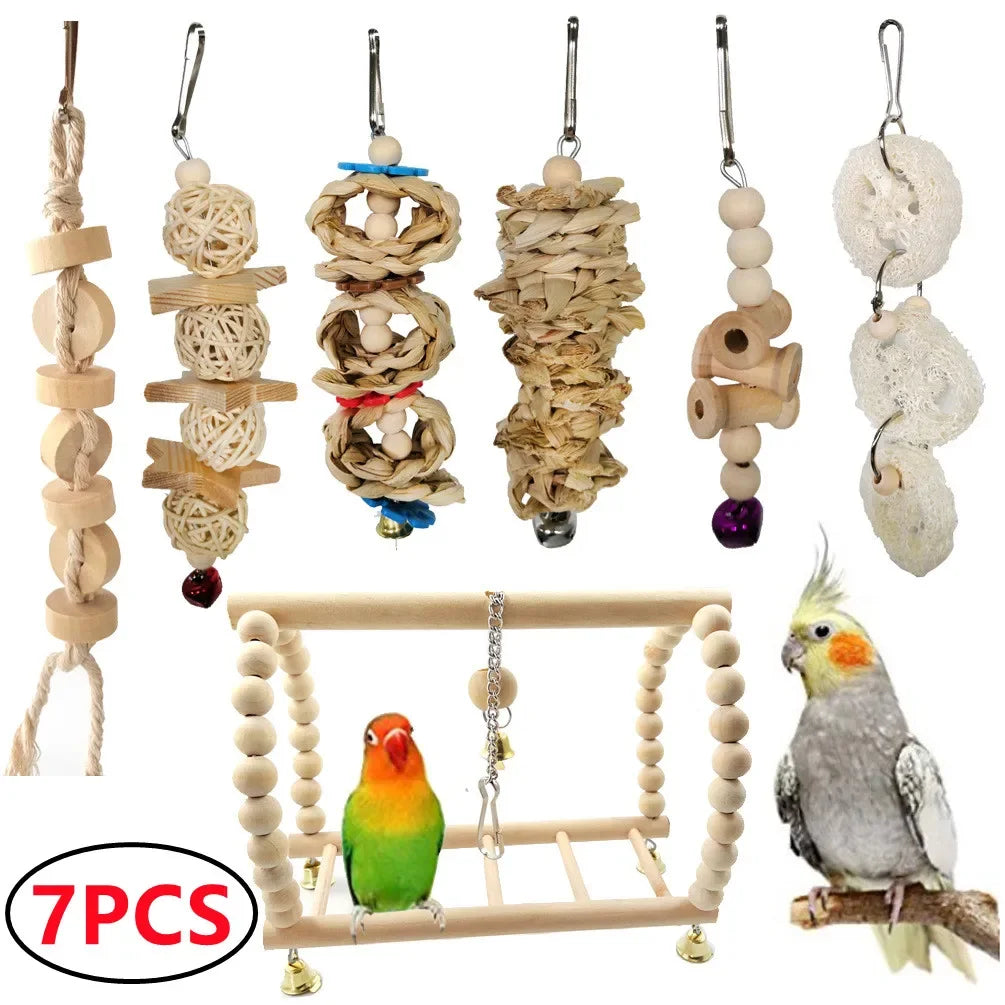 Combination Bird Toy Set — Swing, Chewing, Ladder & Bell Toys for Small Parrots Combination Bird Toy Set — Swing, Chewing, Ladder & Bell Toys for Small Parrots