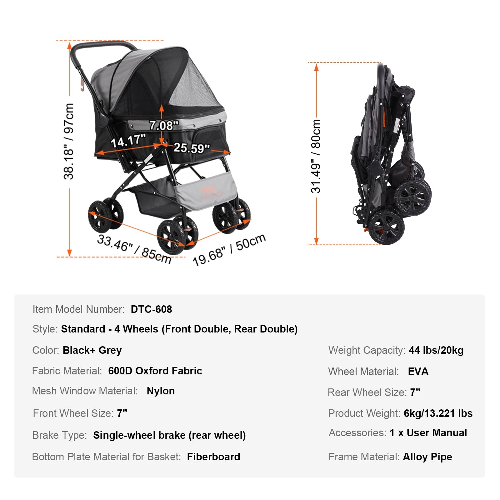 VEVOR Lightweight Pet Stroller, Foldable Carrier for Dogs & Cats with Brakes and Cup Holder VEVOR Lightweight Pet Stroller, Foldable Carrier for Dogs & Cats with Brakes and Cup Holder