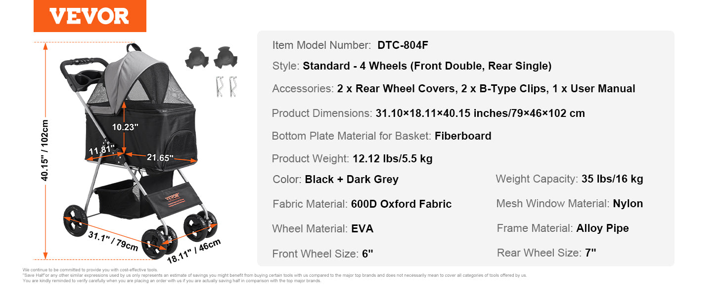 VEVOR Lightweight Pet Stroller, Foldable Carrier for Dogs & Cats with Brakes and Cup Holder VEVOR Lightweight Pet Stroller, Foldable Carrier for Dogs & Cats with Brakes and Cup Holder