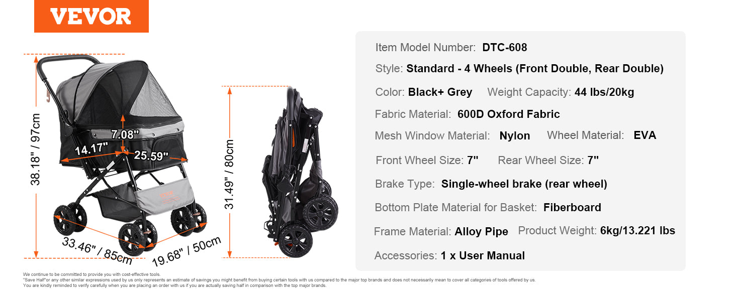 VEVOR Lightweight Pet Stroller, Foldable Carrier for Dogs & Cats with Brakes and Cup Holder VEVOR Lightweight Pet Stroller, Foldable Carrier for Dogs & Cats with Brakes and Cup Holder