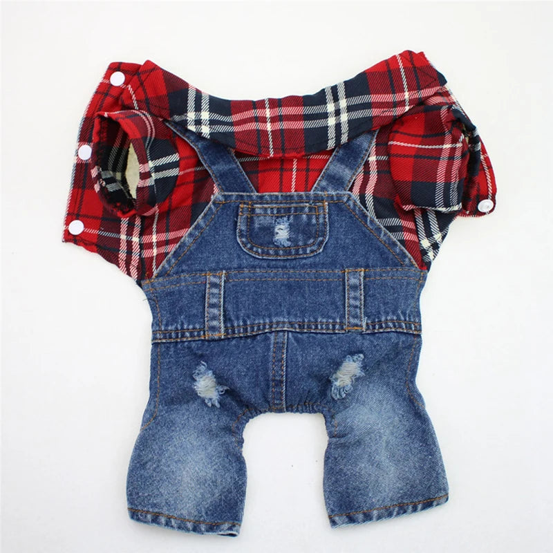 Dog & Cat Denim Plaid Jumpsuit Hoodie, Spring/Autumn Pet Outfit