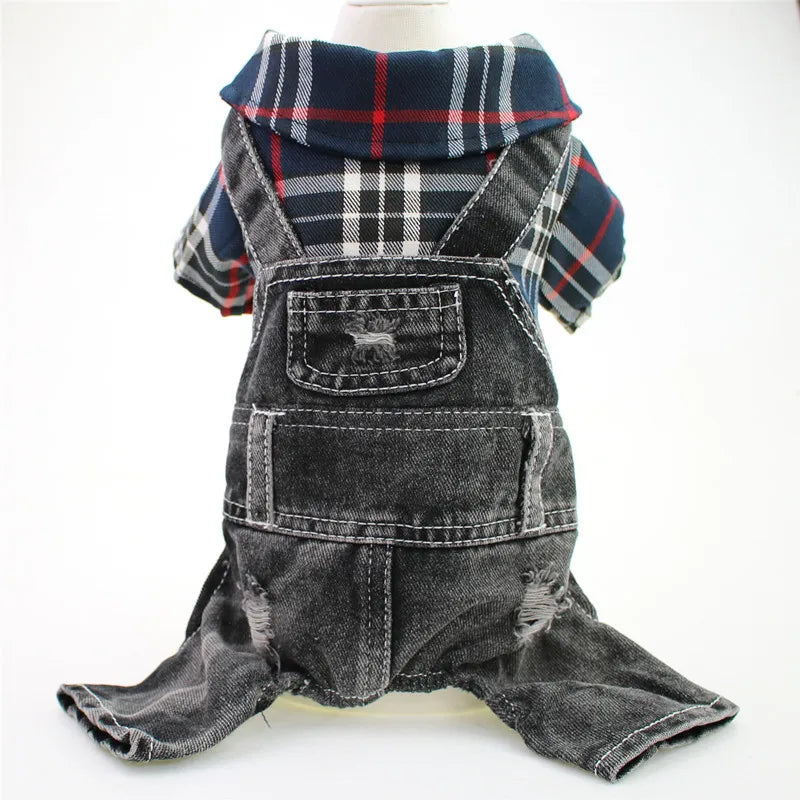 Dog & Cat Denim Plaid Jumpsuit Hoodie, Spring/Autumn Pet Outfit
