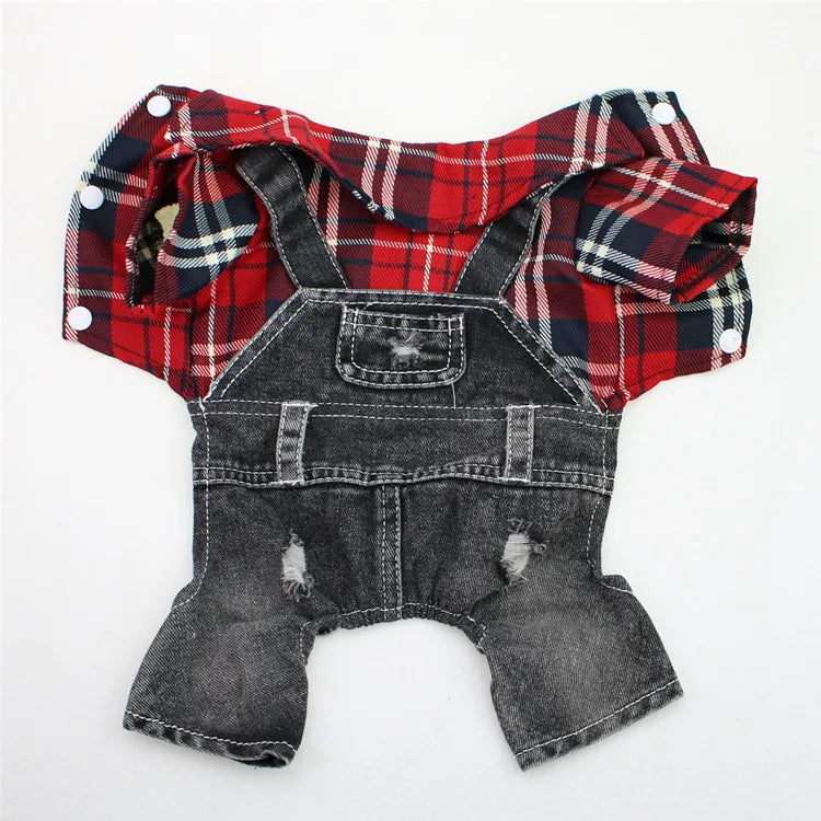 Dog & Cat Denim Plaid Jumpsuit Hoodie, Spring/Autumn Pet Outfit