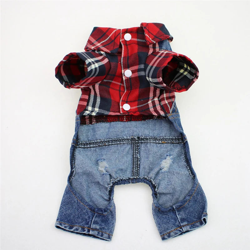 Dog & Cat Denim Plaid Jumpsuit Hoodie, Spring/Autumn Pet Outfit