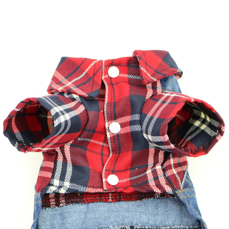 Dog & Cat Denim Plaid Jumpsuit Hoodie, Spring/Autumn Pet Outfit