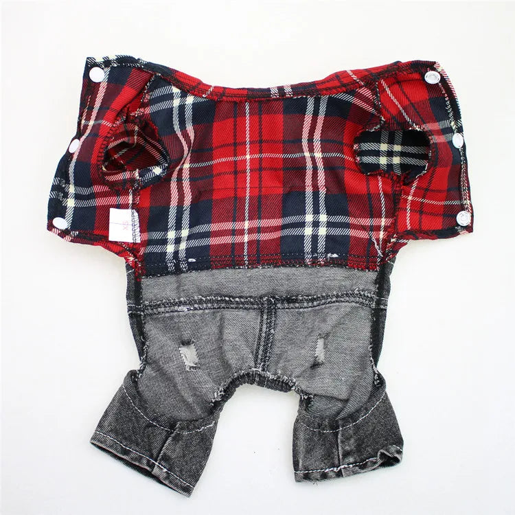Dog & Cat Denim Plaid Jumpsuit Hoodie, Spring/Autumn Pet Outfit