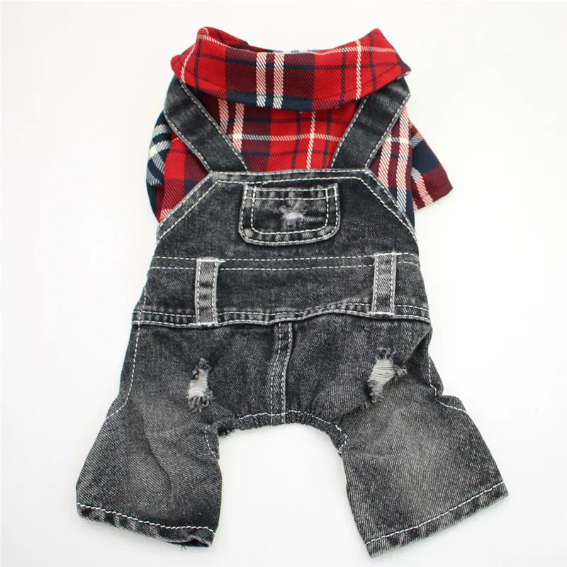 Dog & Cat Denim Plaid Jumpsuit Hoodie, Spring/Autumn Pet Outfit