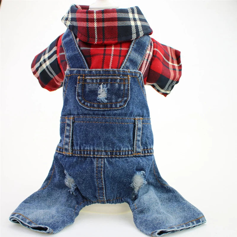 Dog & Cat Denim Plaid Jumpsuit Hoodie, Spring/Autumn Pet Outfit
