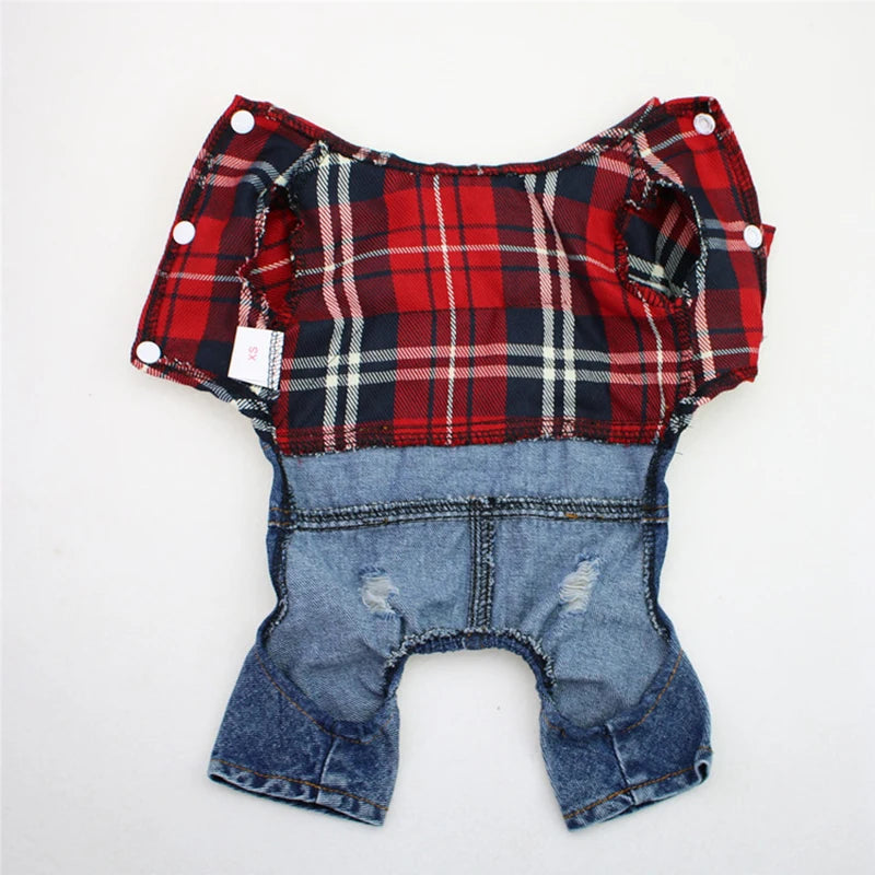Dog & Cat Denim Plaid Jumpsuit Hoodie, Spring/Autumn Pet Outfit