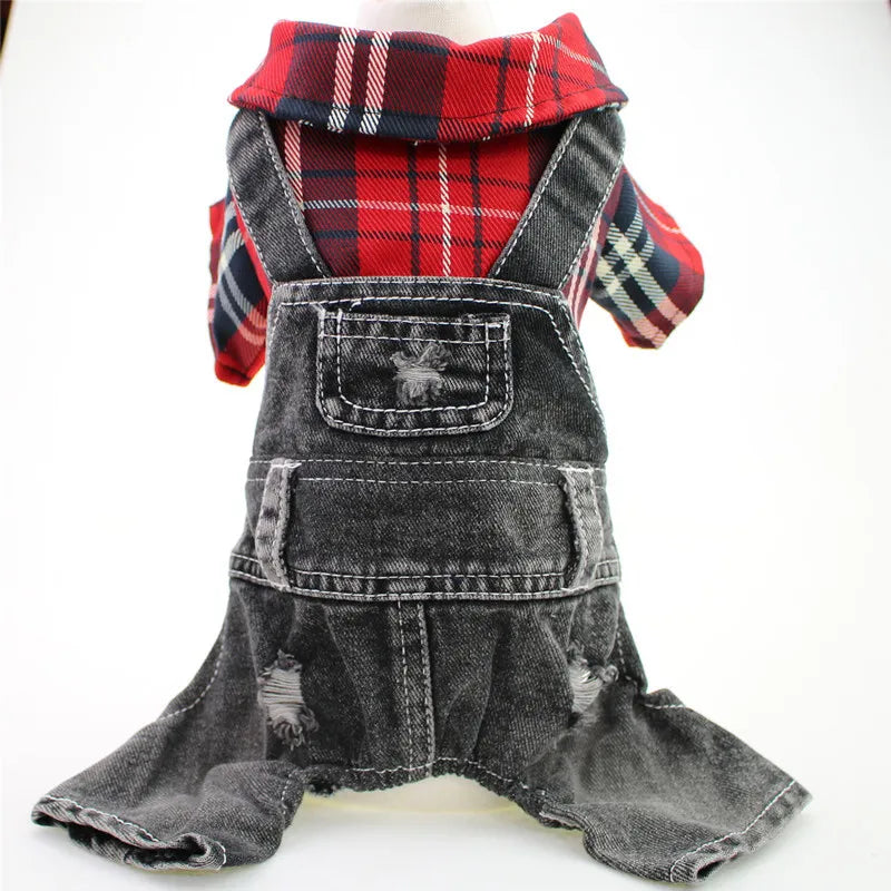 Dog & Cat Denim Plaid Jumpsuit Hoodie, Spring/Autumn Pet Outfit