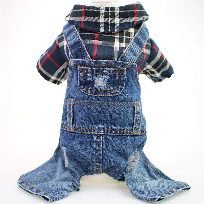 Dog & Cat Denim Plaid Jumpsuit Hoodie, Spring/Autumn Pet Outfit