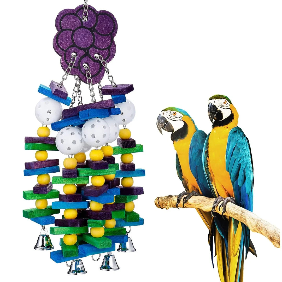 Colorful Parrot Chewing Toy with Wooden Blocks, Beads
