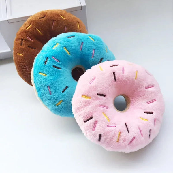 Soft Plush Donut Dog Toy – Chewable Squeaker Toy for Small & Medium Dogs