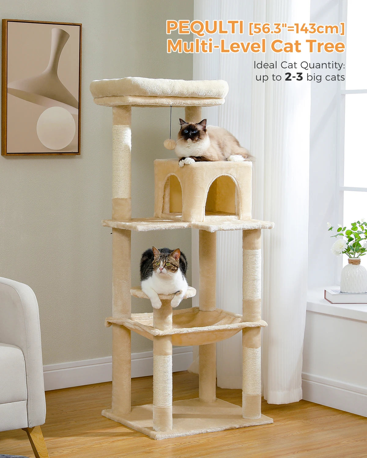5-Level Cat Tree Tower for Large Cats with Hammock, Condo & Scratching Posts