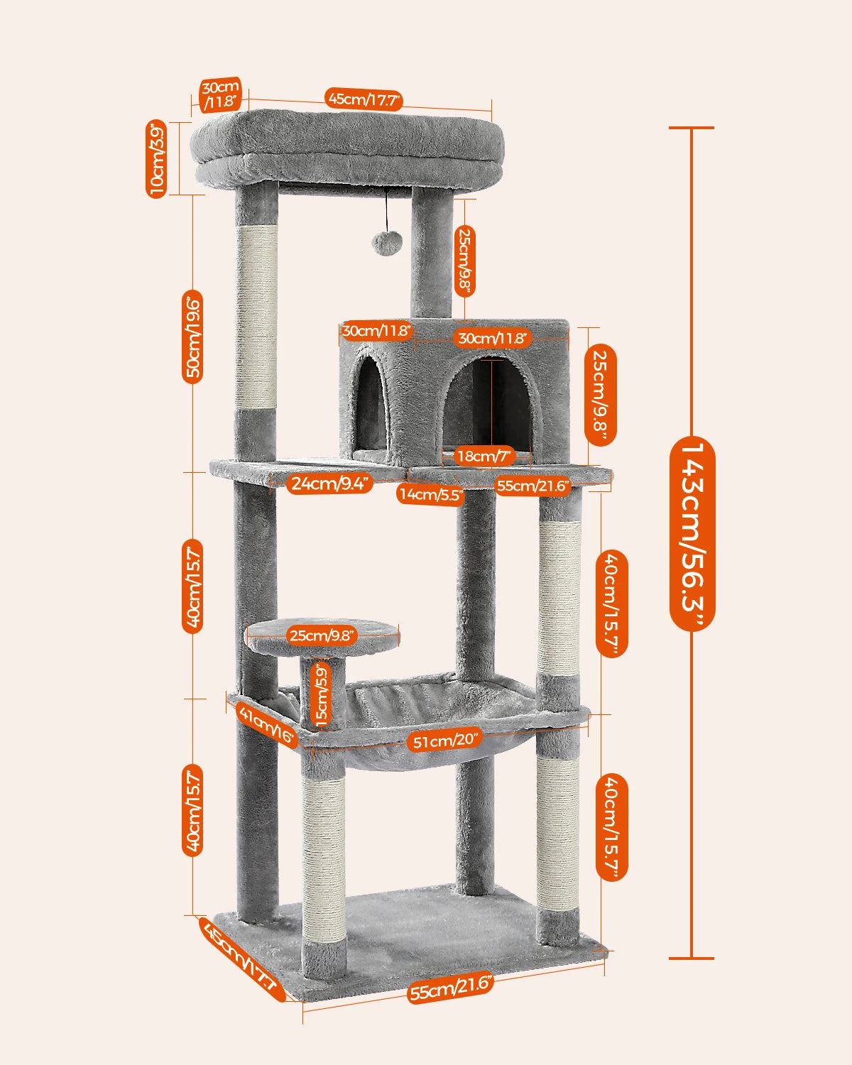 5-Level Cat Tree Tower for Large Cats with Hammock, Condo & Scratching Posts