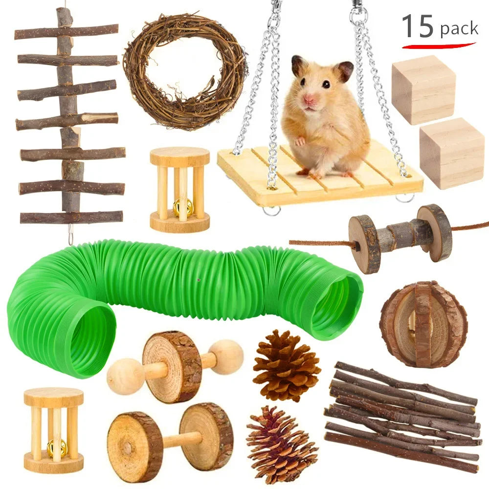 Wooden Toy Set for Hamsters, Rabbits, Guinea Pigs, and Small Pets