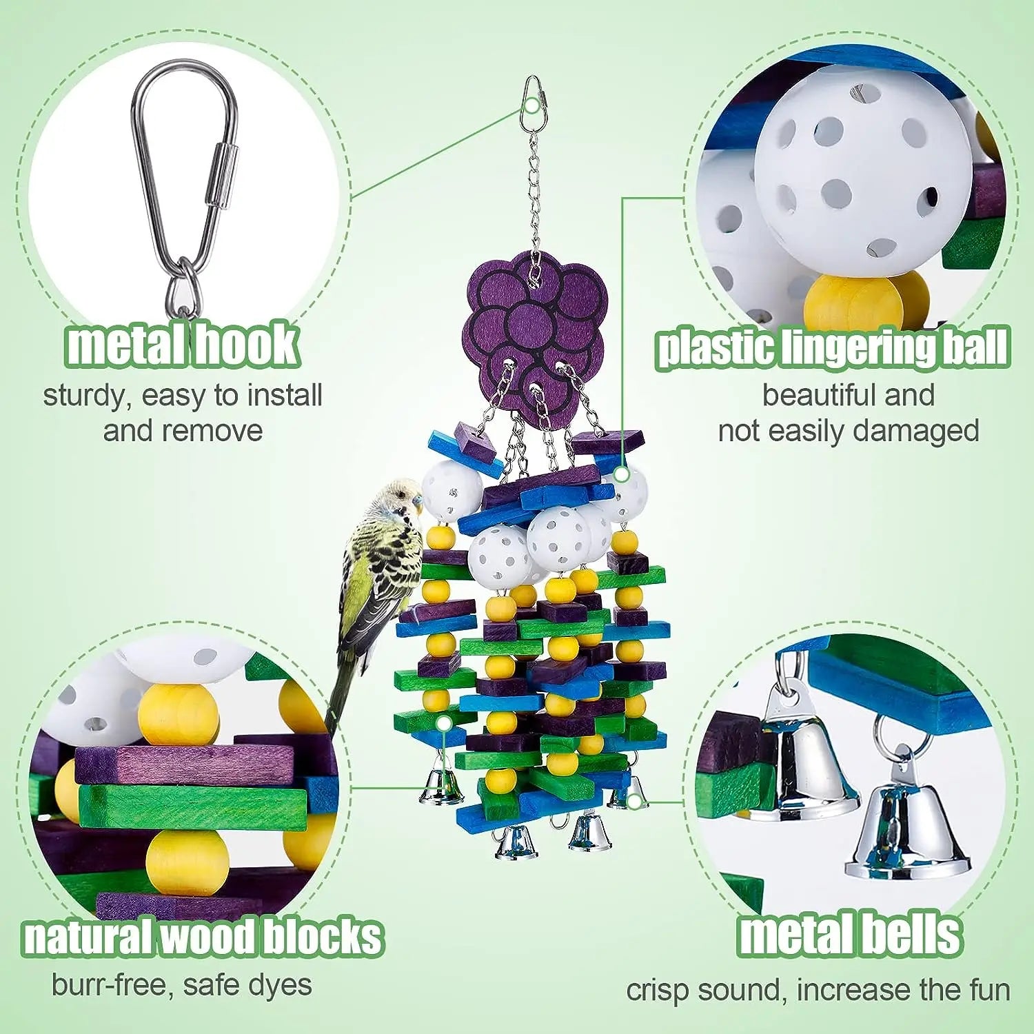 Colorful Parrot Chewing Toy with Wooden Blocks, Beads