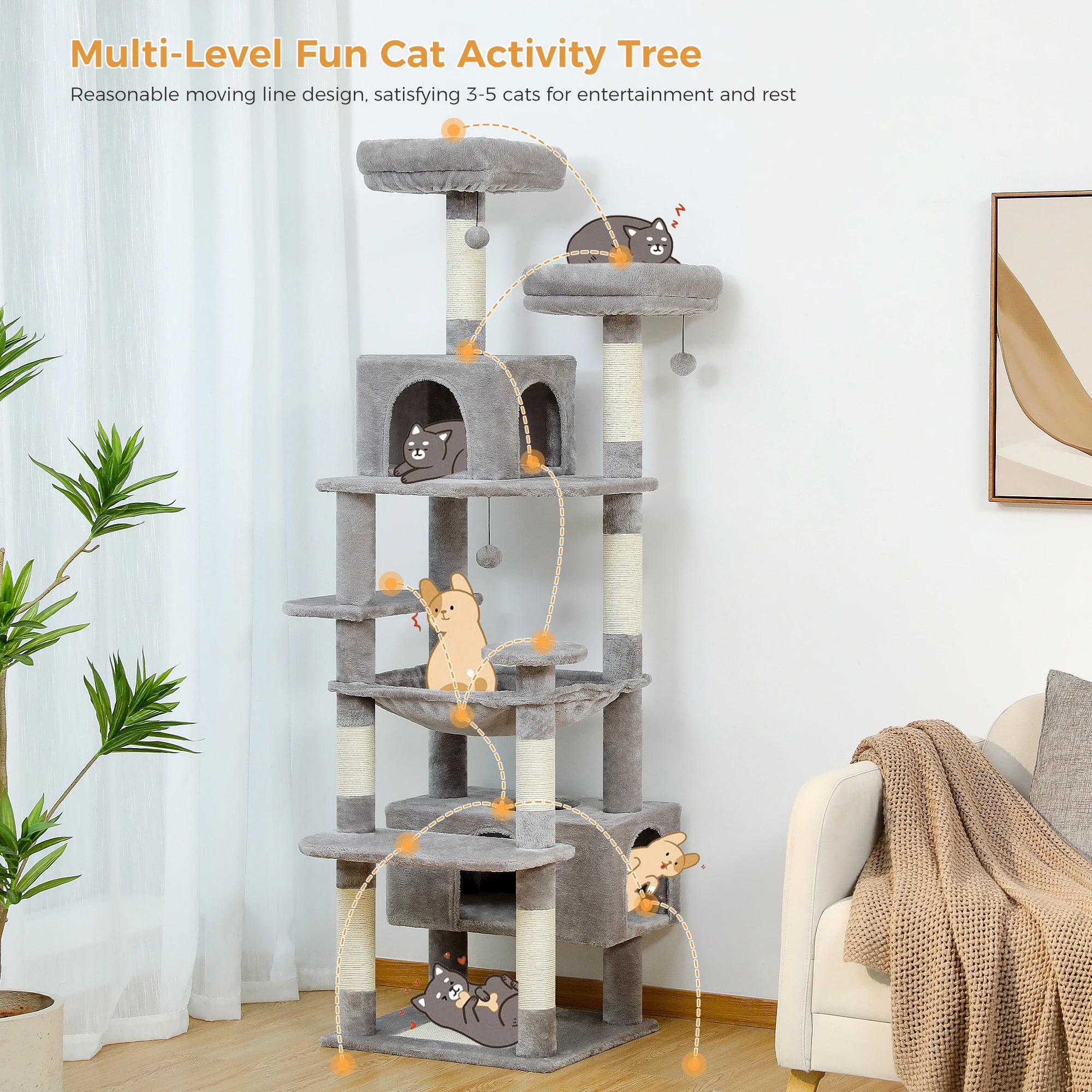 184cm Large Cat Tree Tower with Hammock, Scratching Posts & Condos
