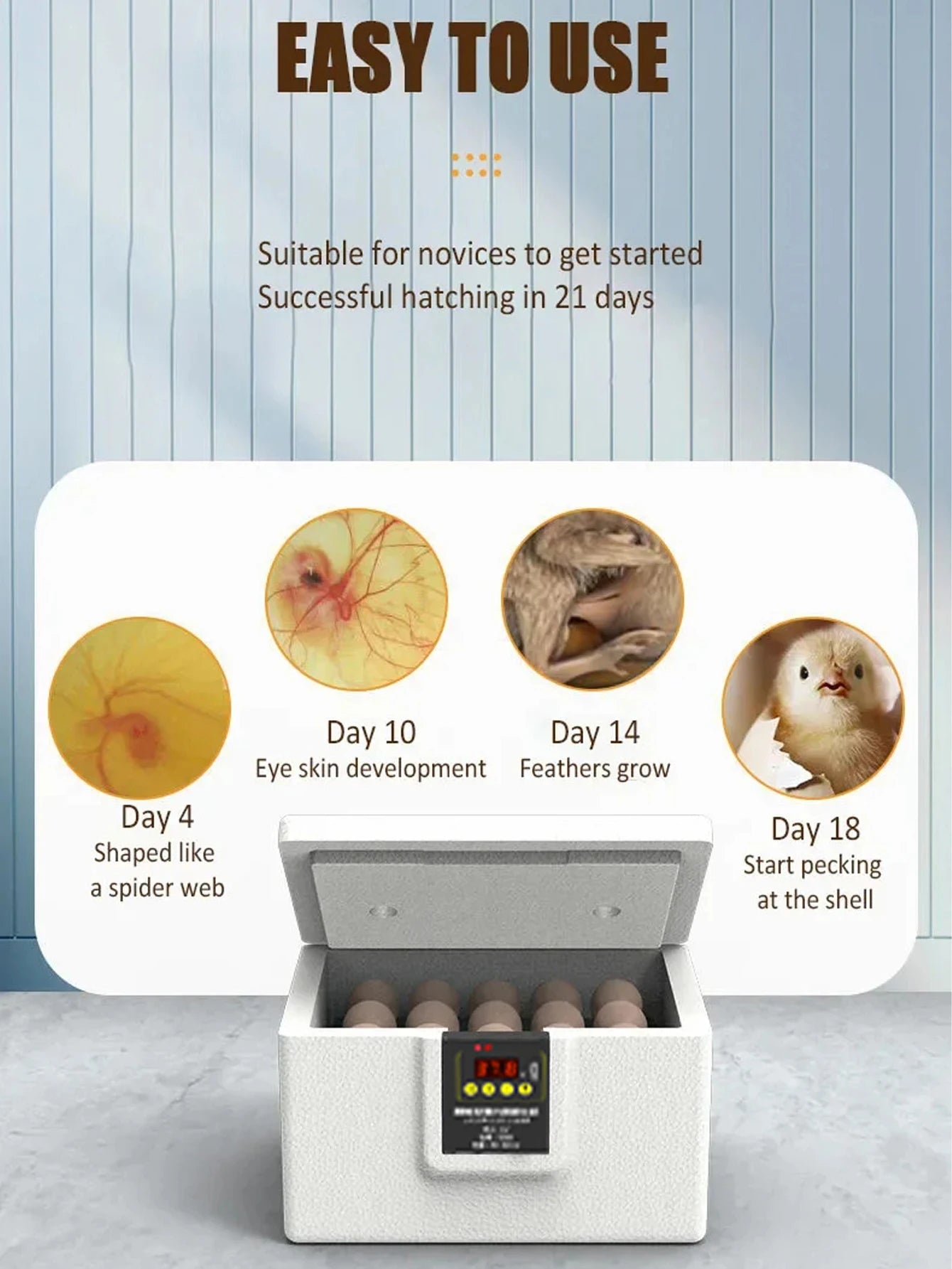USB Poultry Incubator with Thermostat, Manual Turn, Bionic Waterbed & Egg Candler