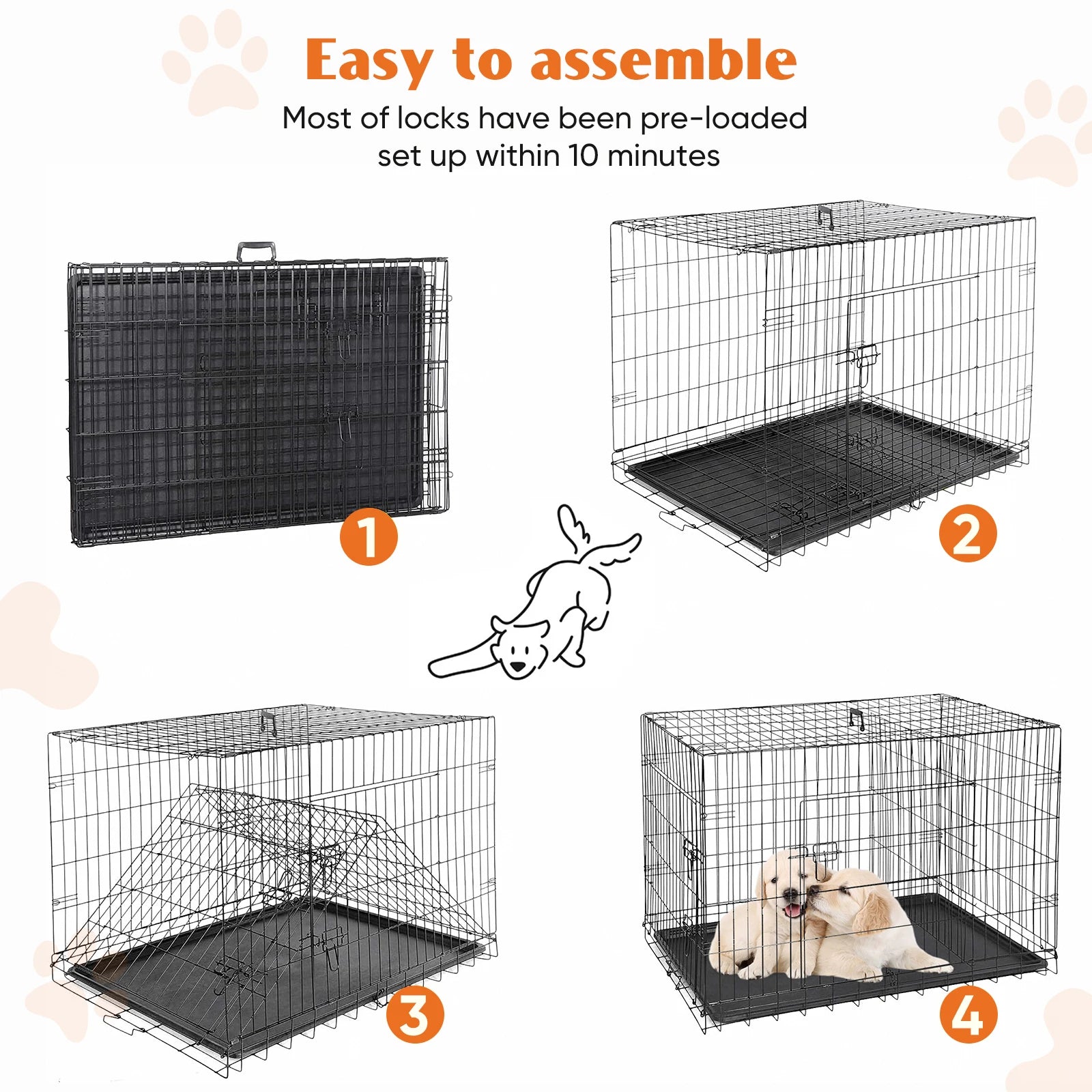 Double Door Folding Metal Wire Dog Cage with Leak-Proof Plastic Pan