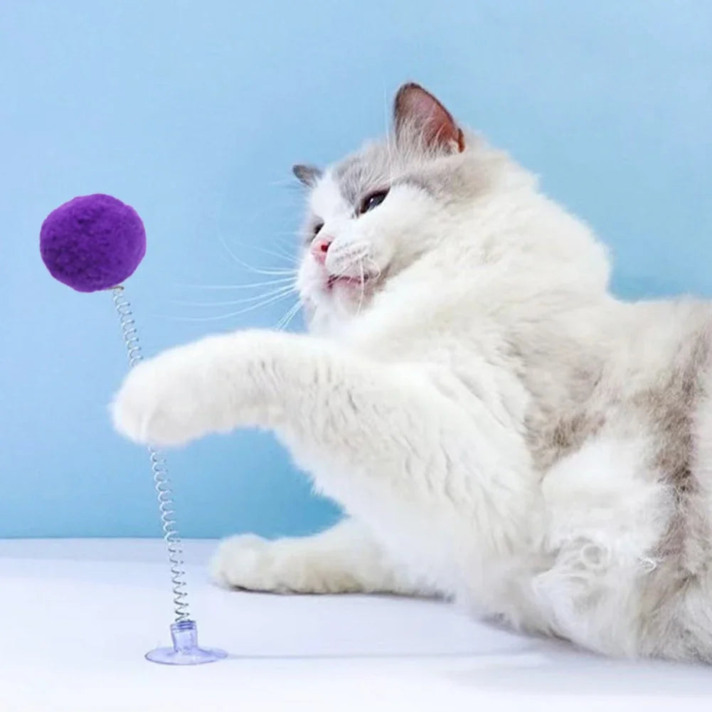 Fur Ball Spring Cat Toy with Suction Cup, Interactive Teaser Wand in Random Colors