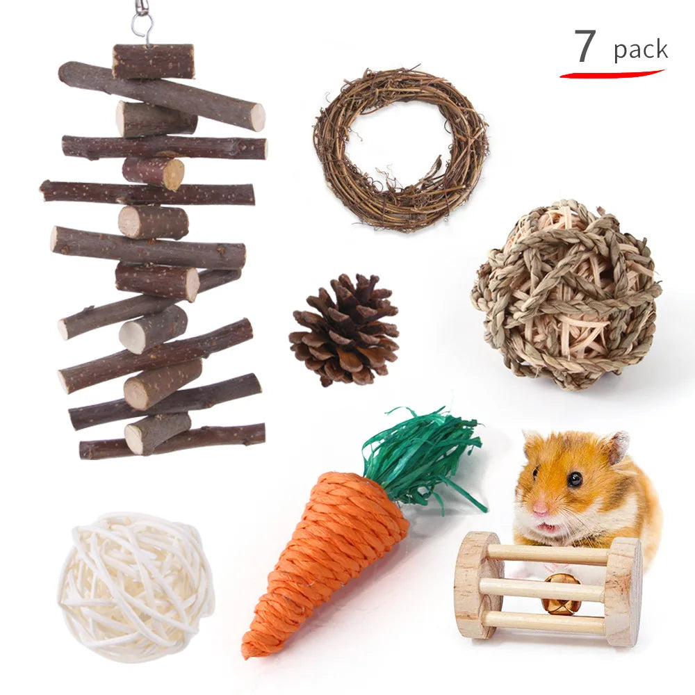 Wooden Toy Set for Hamsters, Rabbits, Guinea Pigs, and Small Pets