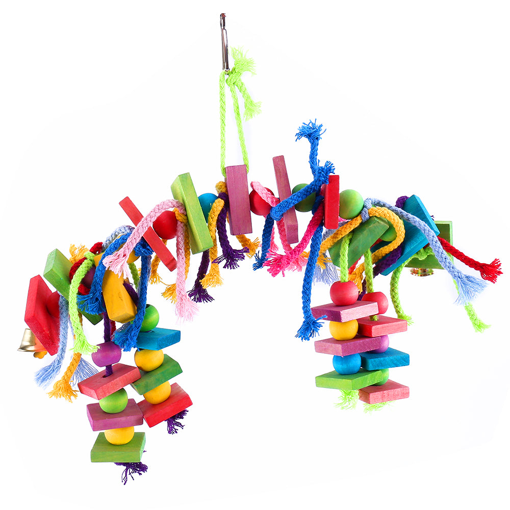 Multicolored Parrot Chew Toy with Wooden Blocks & Cotton Rope Swing
