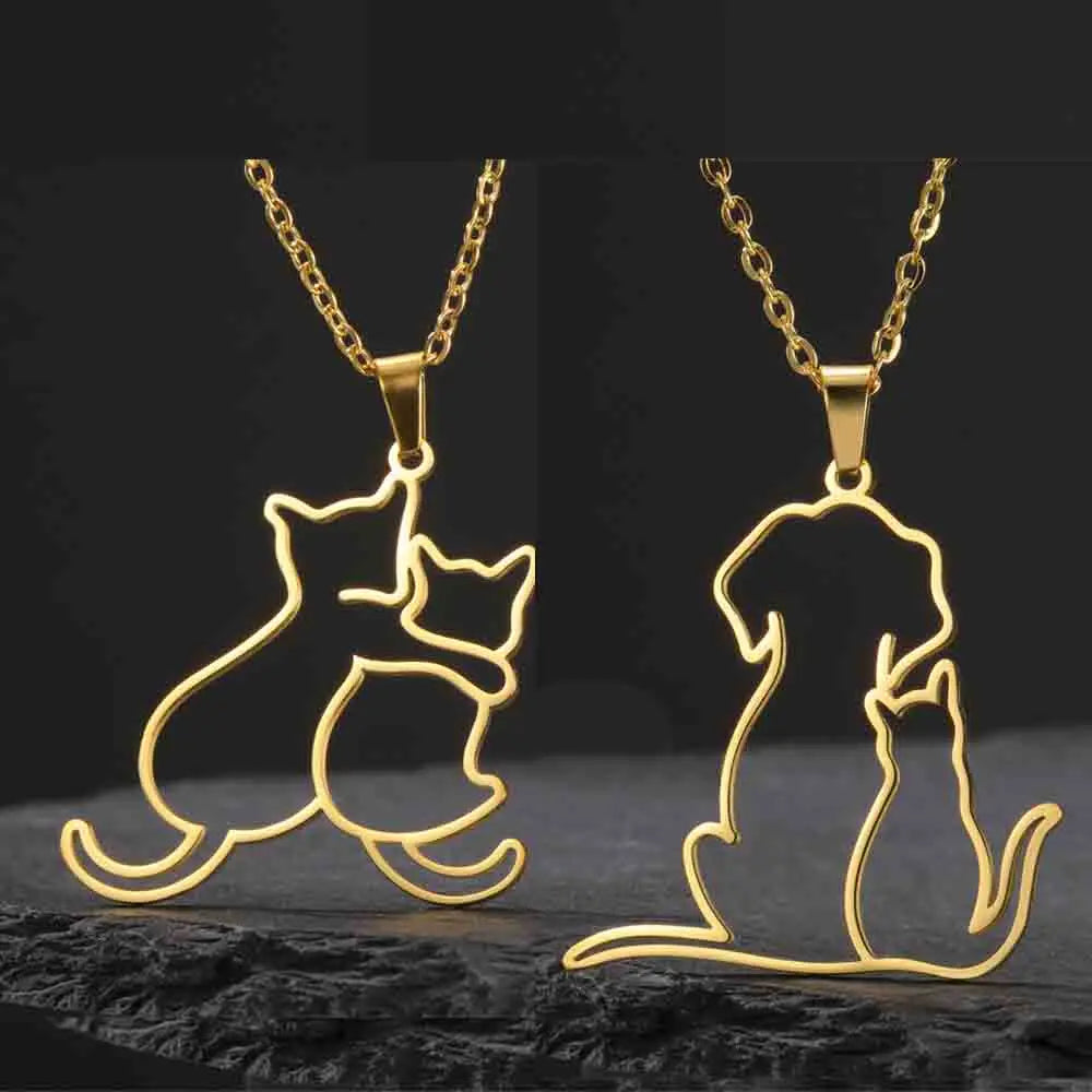 Hugging Puppy & Kitten Pendant Necklace for Pet Lovers