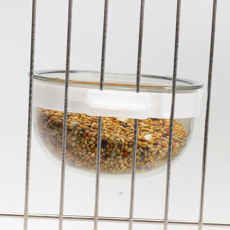 Detachable Transparent Plastic Bird Feeding Bowl, Hanging Food & Water Cup for Parrots
