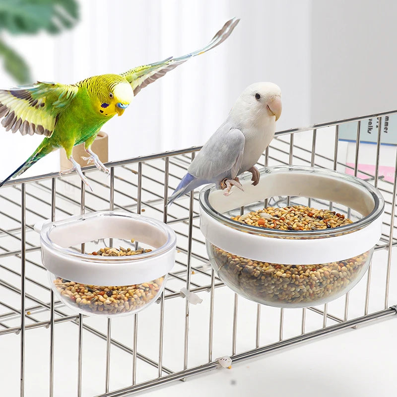 Detachable Transparent Plastic Bird Feeding Bowl, Hanging Food & Water Cup for Parrots