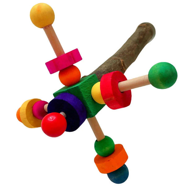 Natural Wooden Parrot Perch Toy with Rotating Balls