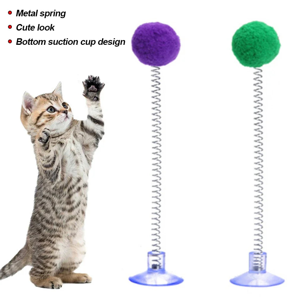Fur Ball Spring Cat Toy with Suction Cup, Interactive Teaser Wand in Random Colors