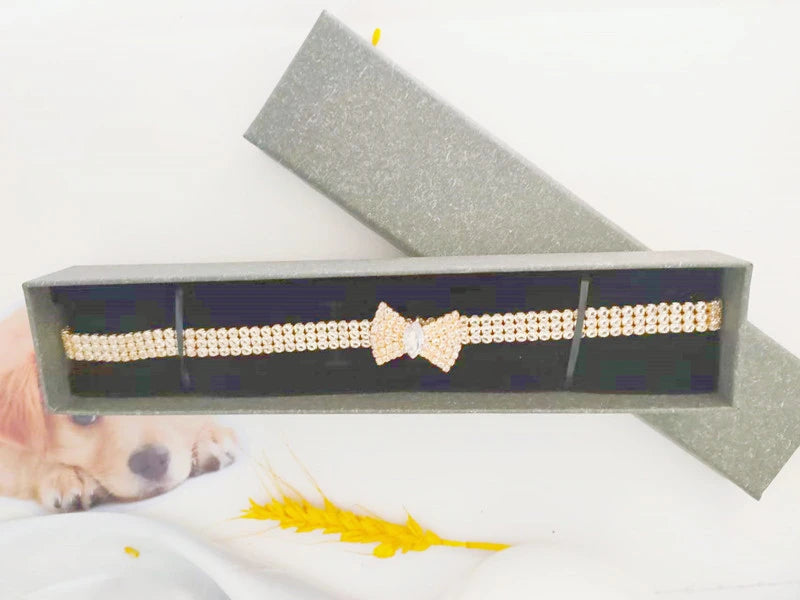 Zircon Bow Tie Pet Collar, Adjustable Rose Gold Dog & Cat Necklace with Gift Box